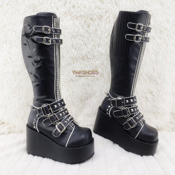 Demonia Concord RAre Platform Studded Black Rose Shaft Knee Boots Goth Punk - Picture 2 of 16